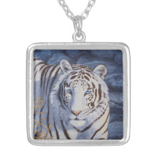 Beautiful White Tiger with Crystal Blue Eyes Silver Plated Necklace