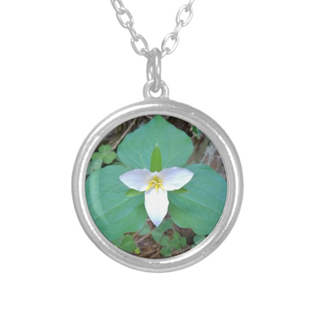 Beautiful White Trillium Flower in the Forest Silver Plated Necklace (Front)