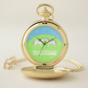 Beautiful White Wedding Horses Pocket Watch