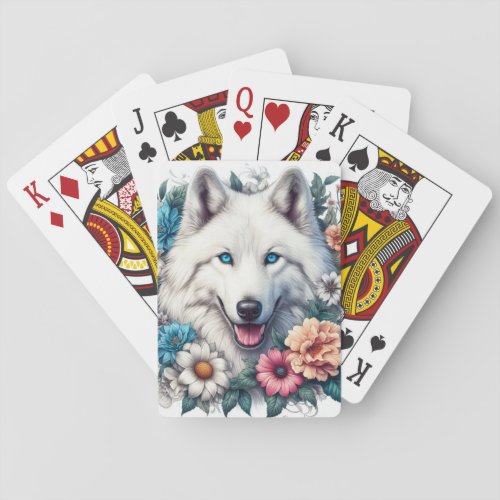 Beautiful White Wolf and Flowers  Playing Cards