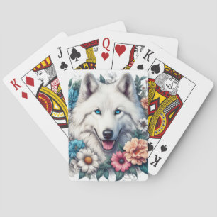 Beautiful White Wolf and Flowers Poker Cards