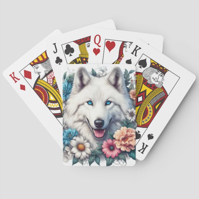 Beautiful White Wolf and Flowers  Poker Cards (Back)