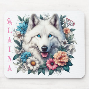Beautiful White Wolf with Flowers Mouse Pad