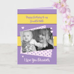 Beautiful Wife purple and yellow Birthday photo Card<br><div class="desc">Personalize this Birthday Card for your Wife.
Designed in purple and yellow with polka dots,  stars and hearts.
Replace the photo with your own,  add her name,   and change the text to suit.

**Samplephotos©Lynnrosedesigns**</div>