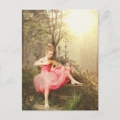 Beautiful Wild Girl Playing Violin in the Forest Postcard