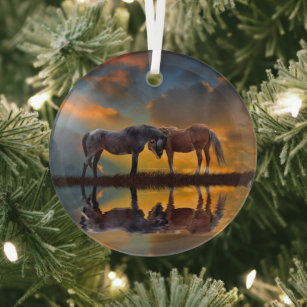 Beautiful Wild Horses and Water Glass Ornament