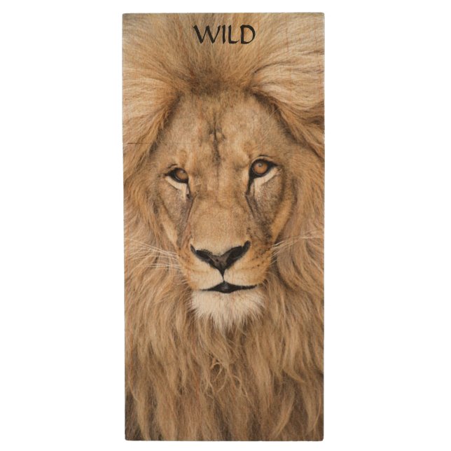 Beautiful wild lion animal face & calligraphy wood flash drive (Front Vertical)