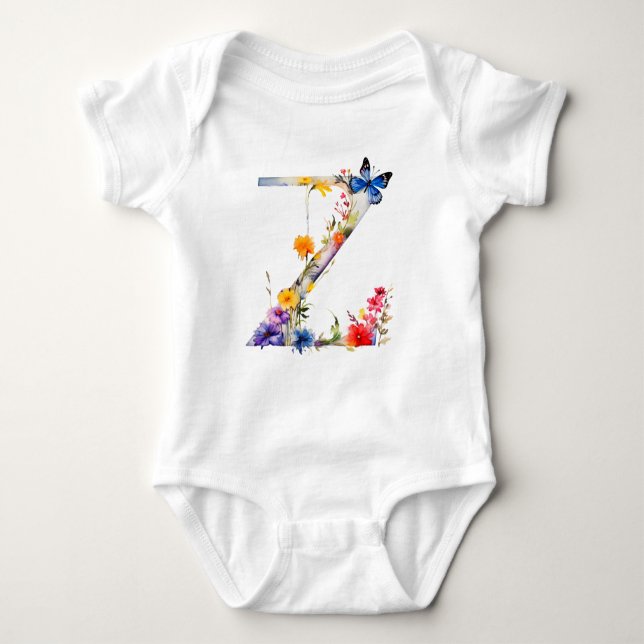 Beautiful Wildflower Butterfly Monogram Baby Bodysuit (Front)