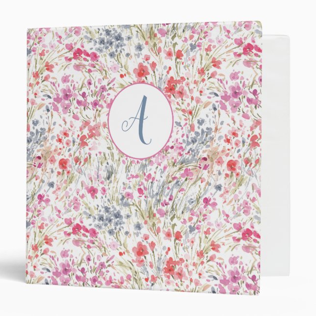 Beautiful Wildflower Watercolor Pattern Monogram 3 Ring Binder (Front/Inside)