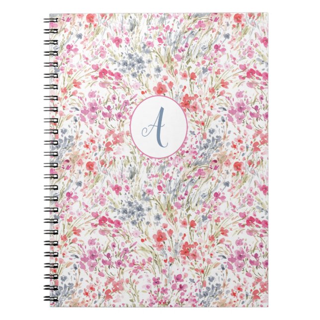 Beautiful Wildflower Watercolor Pattern Monogram Notebook (Front)