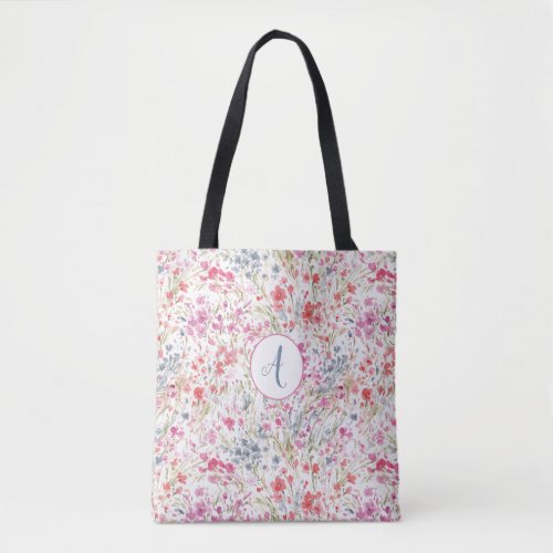 Beautiful Wildflower Watercolor Pattern Monogram Tote Bag