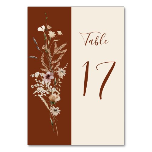 Beautiful Wildflowers Floral on Terracotta Wedding Table Number