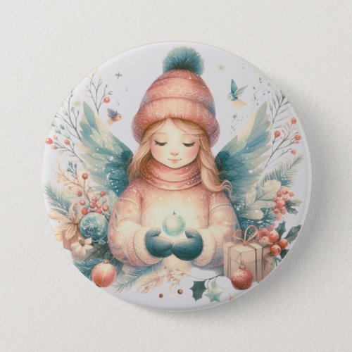Beautiful winter angel amidst the northern nature  button