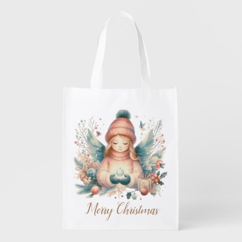 Beautiful winter angel amidst the northern nature  grocery bag