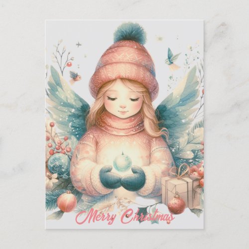 Beautiful winter angel amidst the northern nature holiday postcard