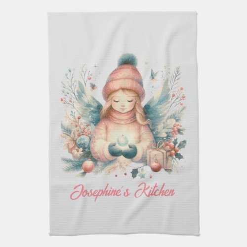 Beautiful winter angel amidst the northern nature kitchen towel