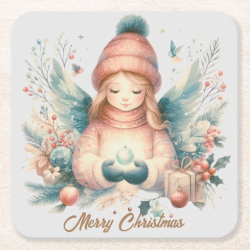 Beautiful winter angel amidst the northern nature square paper coaster
