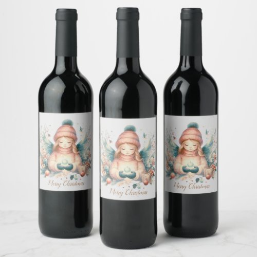 Beautiful winter angel amidst the northern nature  wine label