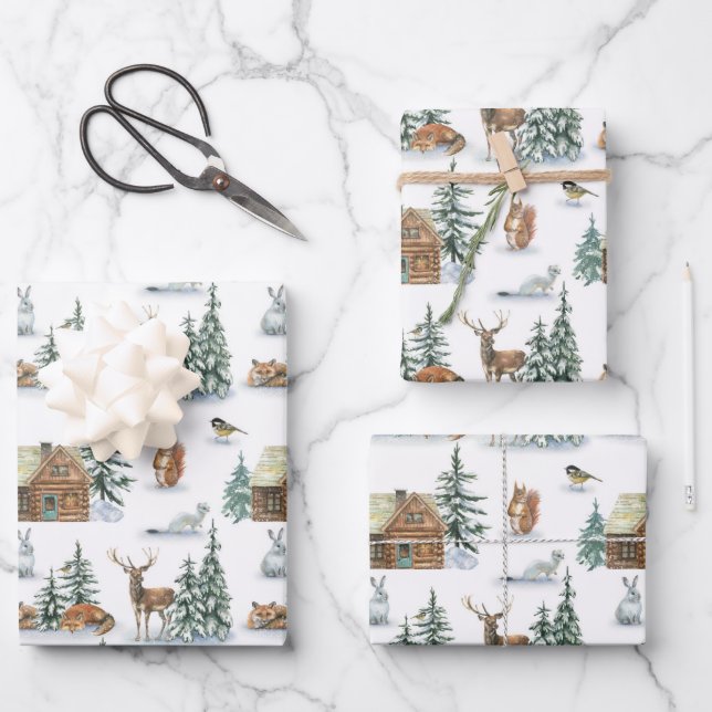 Beautiful Winter Animals Around A Rustic Cabin Wrapping Paper Sheets (Front)