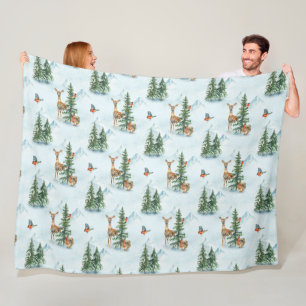 Beautiful Winter Animals Young Deer Squirrel Birds Fleece Blanket