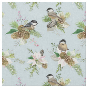 Beautiful Winter Bird and Flowers Fabric
