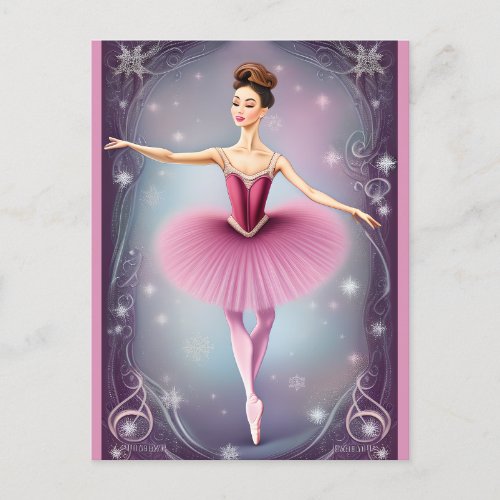 Beautiful Winter Brunette Ballerina Pink Purple Postcard