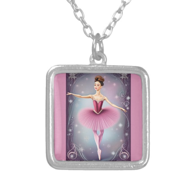 Beautiful Winter Brunette Ballerina Pink Purple Silver Plated Necklace (Front)