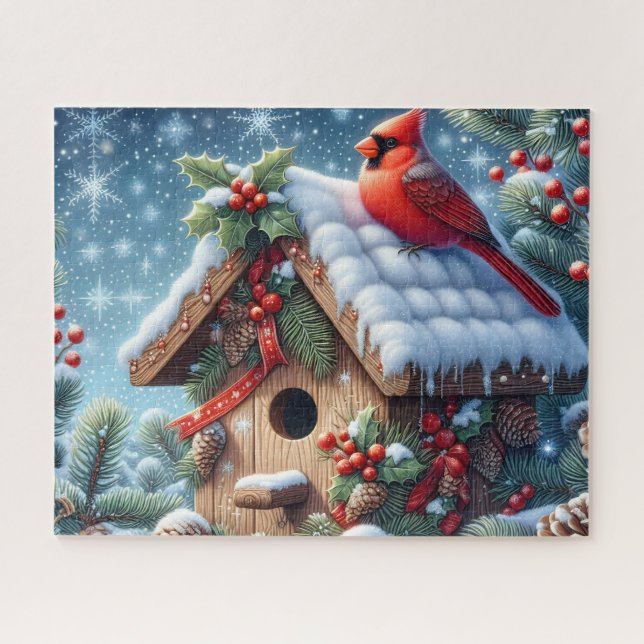 Beautiful Winter Cardinal Bird With Birdhouse Jigsaw Puzzle (Horizontal)