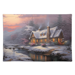 Beautiful Winter Cottage at Sunset Cloth Placemat