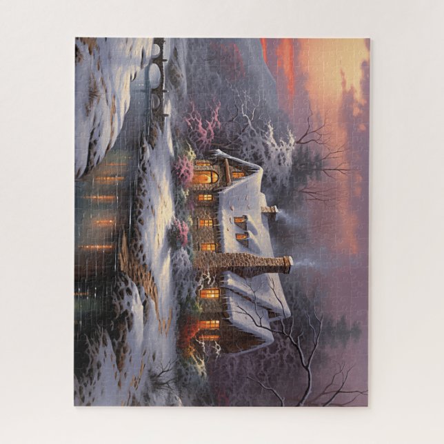 Beautiful Winter Cottage at Sunset Jigsaw Puzzle (Vertical)