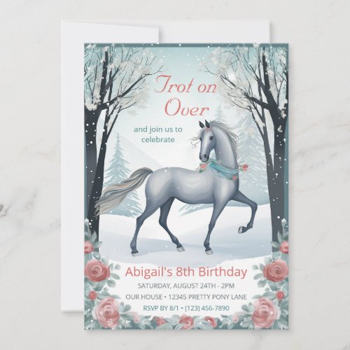 Beautiful Winter Forest Floral Horse Birthday Invitation