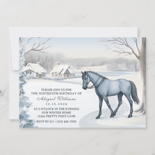 Beautiful Winter Forest Snowy White Horse Birthday Invitation