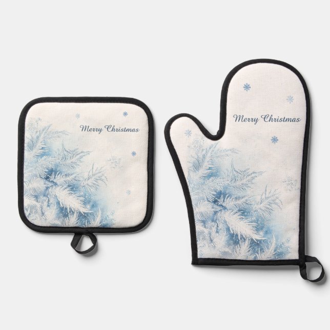 Beautiful Winter Frost Christmas Oven Mitt & Pot Holder Set (Front)