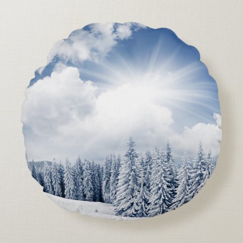 Beautiful Winter Landscape With Snow Round Pillow