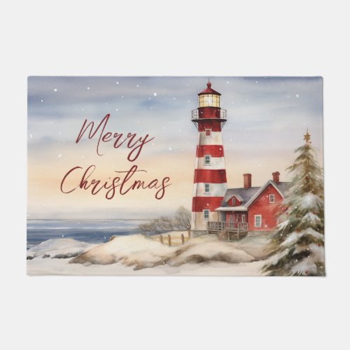 Beautiful Winter Lighthouse Scene Merry Christmas Doormat
