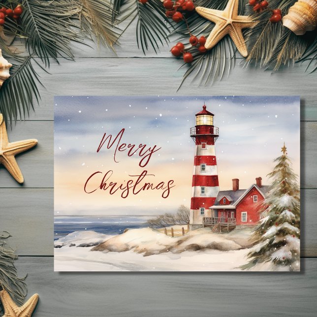 Beautiful Winter Lighthouse Scene Merry Christmas Holiday Card (Front - Beautiful Winter Lighthouse Scene Merry Christmas Holiday Card)