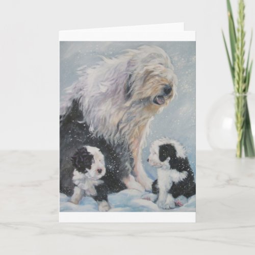 Beautiful winter Old English SheepDog Painting Holiday Card