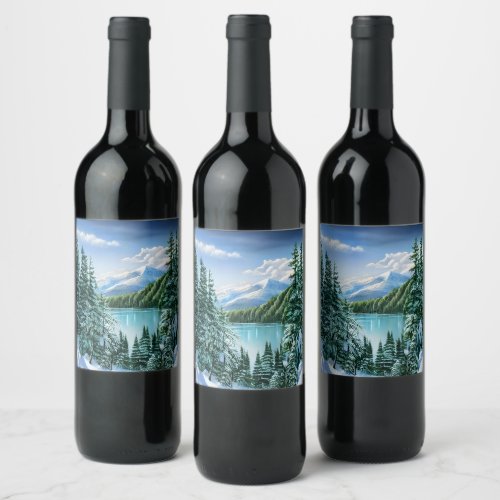Beautiful Winter Sky Mountain Lake  Wine Label