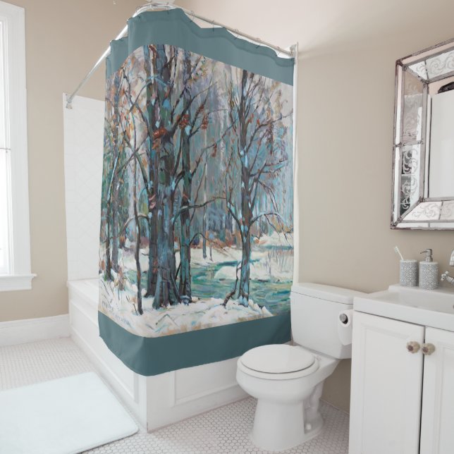 Beautiful Winter Snow Scene with Blues and Grays Shower Curtain (In Situ)