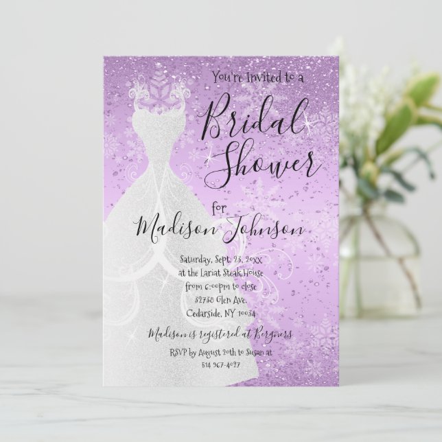Beautiful Winter Snowfall Bridal Shower - Purple Invitation (Standing Front)