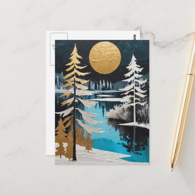 Beautiful Winter Trees and Lake Snow Painting Postcard (Front/Back In Situ)