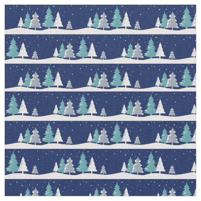 Beautiful Winter Trees Night Sky Blue Christmas Fabric (Close Up)