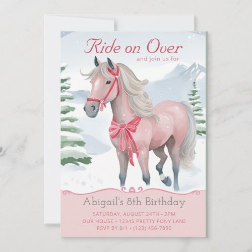 Beautiful Winter Woodland Pink Horse Birthday Invitation