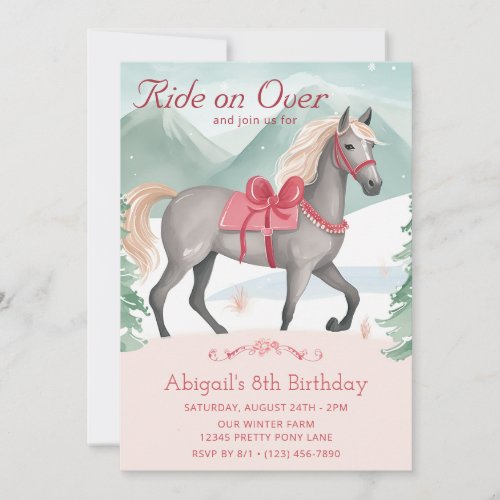 Beautiful Winter Woodland Pink Horse Birthday Invitation