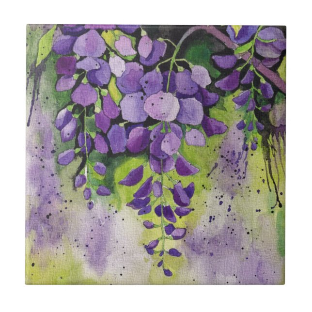 Beautiful Wisteria Flowers In Watercolor Ceramic Tile (Front)
