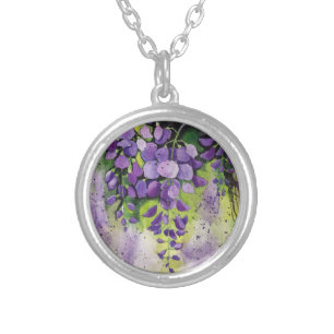 Beautiful Wisteria Flowers In Watercolor Silver Plated Necklace