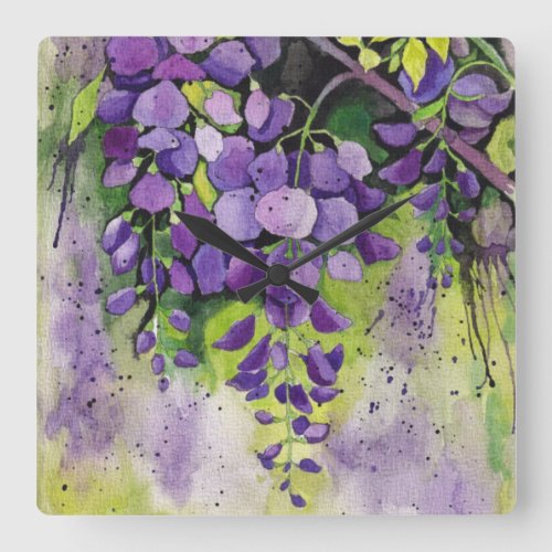 Beautiful Wisteria Flowers In Watercolor  Square Wall Clock