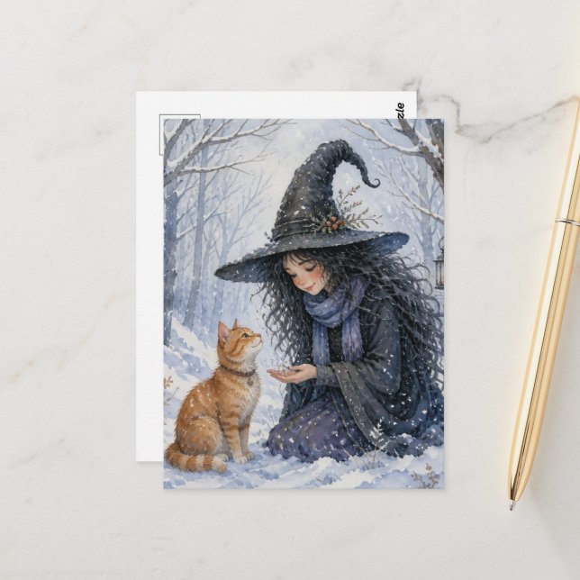 Beautiful Witch and Ginger Cat in Winter Forest Postcard (Front/Back In Situ)