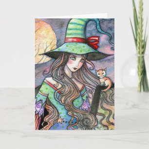 Beautiful Witch and Tabby Kitten Halloween Card