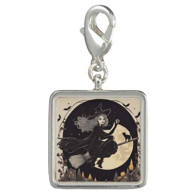 Beautiful witch flying past full moon charm (Front)